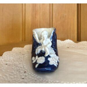 Antique Blue Porcelain Baby Shoe Figurine Cherub Flower Accents